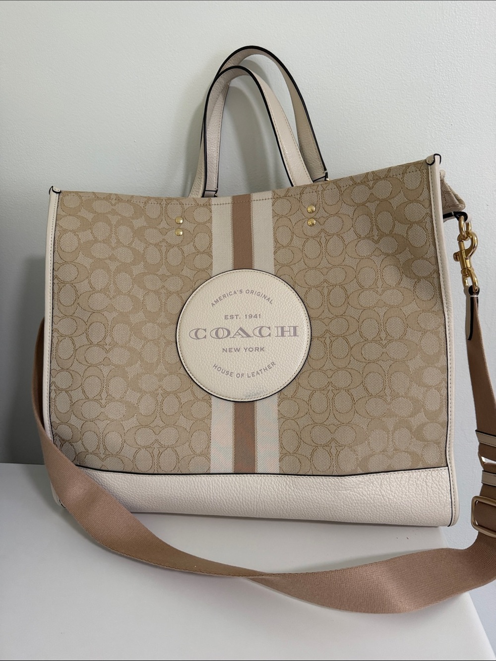 Coach Beige Signature Canvas Stripe Tote with Cream Trim